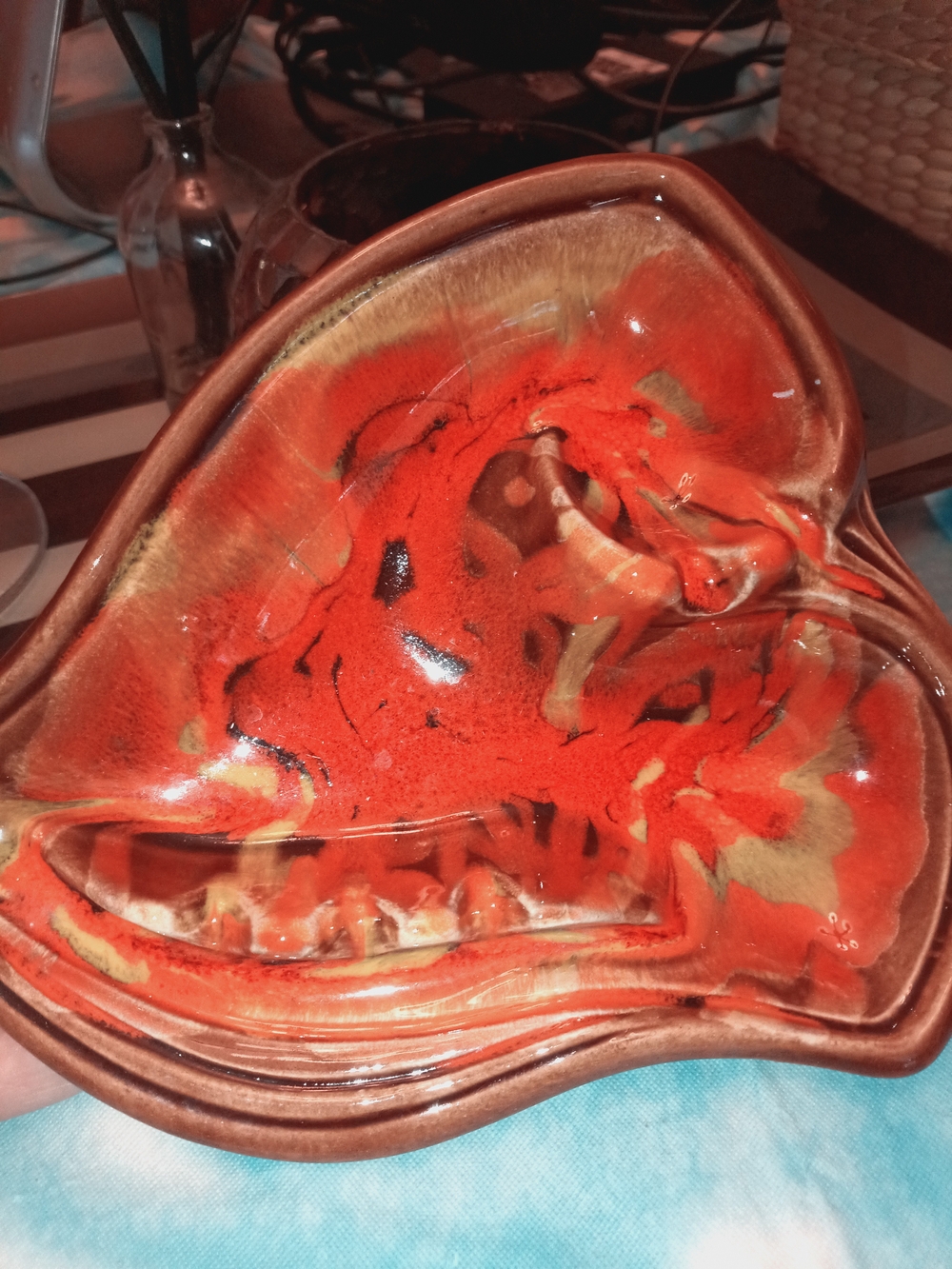 Decorative Ceramic Ash Tray Accent Dish in Orange and Brown
